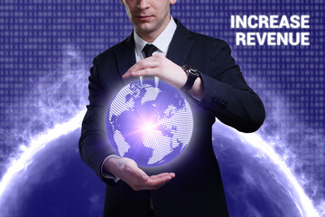 Business, Technology, Internet and network concept. Young businessman working on a virtual screen of the future and sees the inscription: Increase revenue