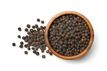 Flat lay (Top view) of Black peppercorns (Black pepper) in wooden bowl isolated on white background.