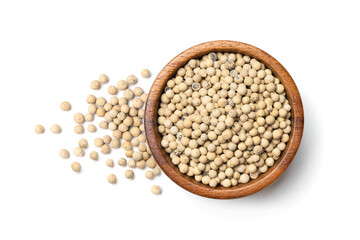 Flat lay of white peppercorns (white pepper) in wooden bowl isolated on white background.