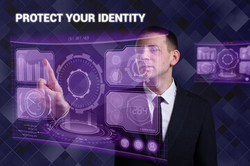 Business, Technology, Internet and network concept. Young businessman working on a virtual screen of the future and sees the inscription: Protect your identity