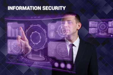 Business, Technology, Internet and network concept. Young businessman working on a virtual screen of the future and sees the inscription: Information security