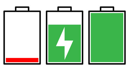 残量少ない,充電中,満充電のバッテリーのアイコンセット(縦向き) - obrazy, fototapety, plakaty