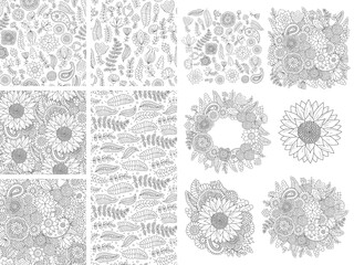 Set of floral doodle seamless patterns and design elements, illustrations with flowers, leaves, herbs and wreath, black and white outline