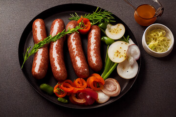 Sausages in a pan with vegetables, food photography, photorealistic illustration