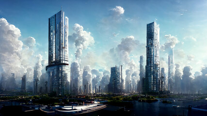 Obraz na płótnie Canvas design of futuristic sky city , abstract tower architecture , illustation design , internet connect of line ,data transfer