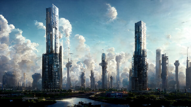 design of futuristic sky city , abstract tower architecture , illustation design , internet connect of line ,data transfer © slonme
