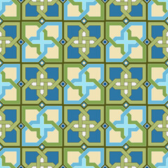 Seamless, Vector Image of Intersecting Rectilinear Shapes Forming Stylized Crosses in Green and Blue Tones. Can Be Used in Design and Textiles