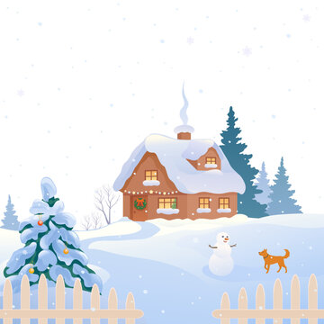 Cute winter scene, snow covered house and a snowman with a dog, isolated on a white background