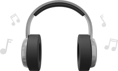 Wireless headphones and flying music notes front view. Gray PNG icon on a transparent background. 3D rendering.