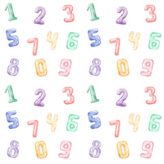 seamless pattern with numbers, children's style. Cute watercolor numbers.