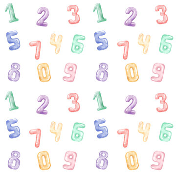 seamless pattern with numbers, children's style. Cute watercolor numbers.