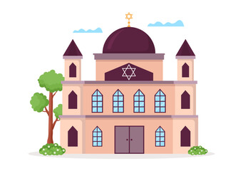 Synagogue Building or Jewish Temple with Religious, Hebrew or Judaism and Jew Worship Place in Template Hand Drawn Cartoon Flat Illustration