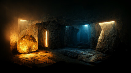 Fototapeta na wymiar Dark medieval castle dungeon tunnel ,Dark underground corridor in a dungeon with light