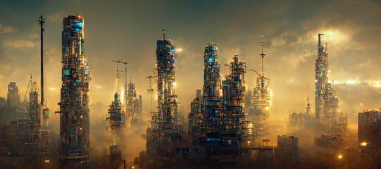 abandoned town with steam punk factory background