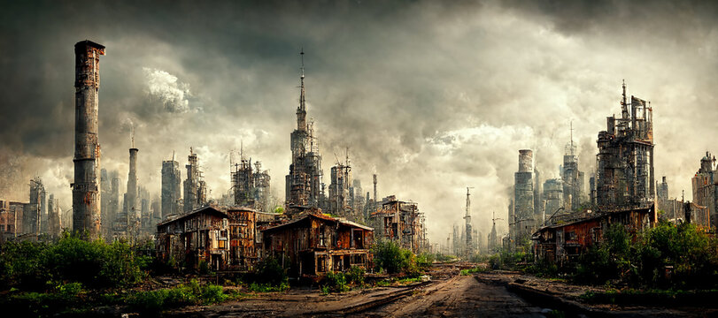 abandoned town with steam punk factory background