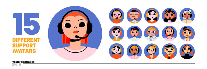 Set of call center operators avatar, isolated round icons. Client support help line workers wear headset. Telephone sales consultant male and female characters faces, Line art flat vector illustration
