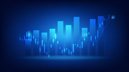 Financial business statistics with bar graph and candlestick chart show stock market price and effective earning on blue background