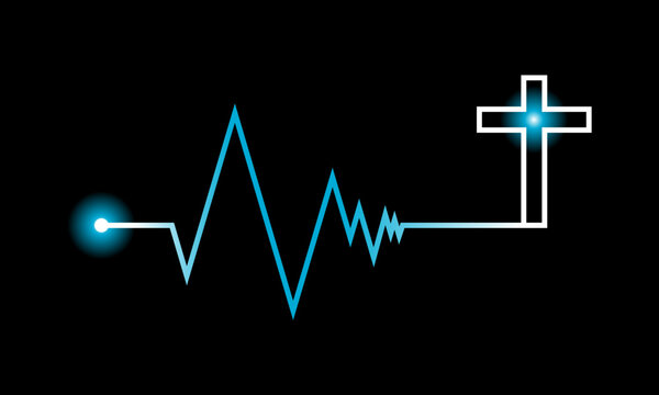 Line blue heartbeat cardiograph with white christian crucifix cross religion death concept heart disease on black background icon vector design.