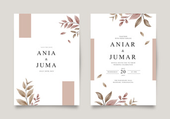 Minimalist wedding invitation template with watercolor leaves