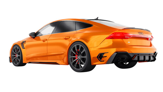 Berlin. Germany. September 21, 2022. Audi RS7-R Abt 2021. Orange ultra sports tuned liftback on a white isolated background. 3d illustration.
