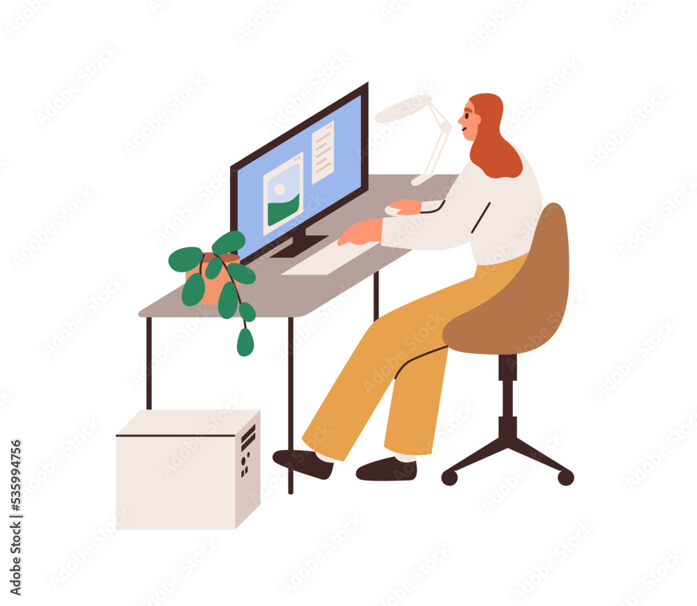Poster Creative employee at computer desk. Work of designer at workplace. Person working with picture on PC screen, editing image, sitting at table. Flat vector illustration isolated on white background