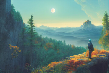 Intrepid traveler stands on cliff overlooking autumn forest and  majestic light blue mountain range.