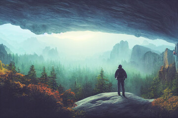 Obraz premium Intrepid traveler stands on cliff overlooking autumn forest and majestic light blue mountain range.