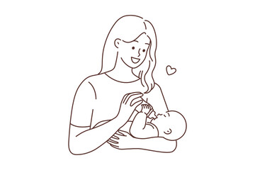 Happy woman feeding infant 