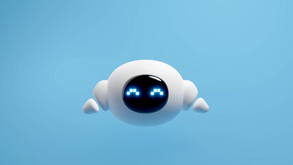Cute white robot with hand down isolated over blue background. Technology concept. 3d rendering.