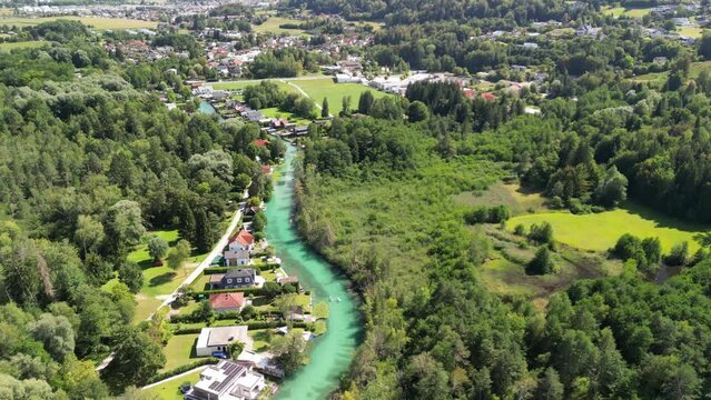 Klagenfurt, Austria. Aerial view of creek and lake in summer season