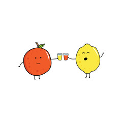 Kids drawing style funny fruits orange and lemon drinking juice together in a cartoon style