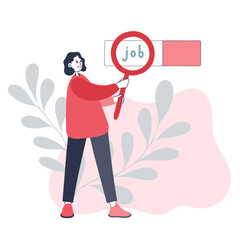 Woman with magnifying glass, finding a job. Flat vector illustration isolated on white background