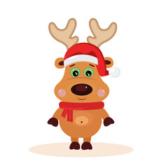 A baby deer in a hat and scarf. The theme of the new year and Christmas.