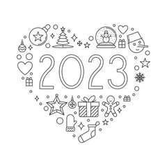 Happy 2023 New Year vector Heart-shaped outline minimal banner