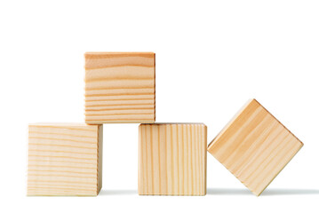 Four blank wooden cubes isolated on white background
