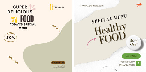 Set of Editable square banner template design for food post on instagram. Suitable for Social Media Post restaurant and culinary digital Promotion. Red and Yellow background color shape vector.