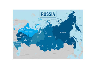 Russia country political map. Detailed vector illustration with isolated provinces, departments, regions, counties, cities, islands and states easy to ungroup.