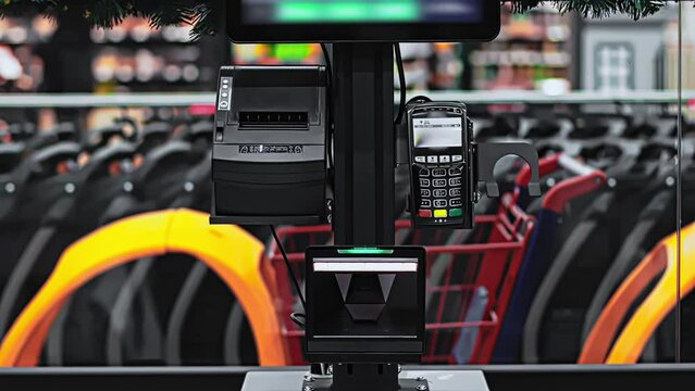 Blinking flashing scanner for reading barcodes at self-service checkout SCO. Assisted checkout ACO with cashless payment in supermarket. Electronic device for bank credit plastic cards. Shopping store