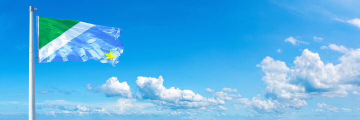 Obraz na płótnie Canvas Mato Grosso do Sul - state of Brazil, flag waving on a blue sky in beautiful clouds - Horizontal banner