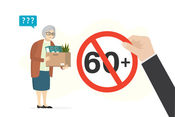 Retired elderly woman. Age restriction, discrimination, ageism and sexism. Unemployed after staff reduction. Dismissed grandmother. Businessman hand hold warning red circle - stop 60 plus.