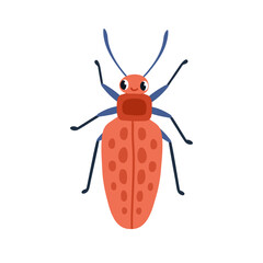 Cute bug top view. Funny happy beetle with smiling positive face expression. Childish adorable lovely insect character. Flat vector illustration isolated on white background