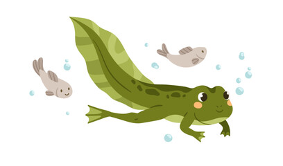 Cute tadpole swimming in water. Little baby frog floating. Green amphibian, adorable froggy animal. Happy smiling larval character. Flat cartoon vector illustration isolated on white background