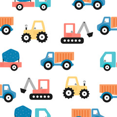 Seamless pattern with construction vehicles. Vector illustration in cartoon style. For kids design, card, posters, banners, printing on the pack, printing on clothes, fabric, wallpaper.