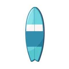 Foto op Plexiglas Fish-like surfboard, short water board. Thick hybrid shortboard top view. Beach sport fishtail-style item for summer extreme surfing. Flat graphic vector illustration isolated on white background © Good Studio