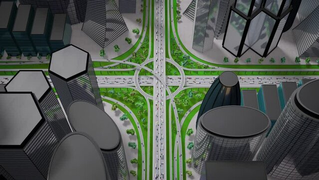 Highway intersection/ road interchange middle in the city with heavy traffic - view from the above, zooming in - 3D 4k animation (3840x2160 px).