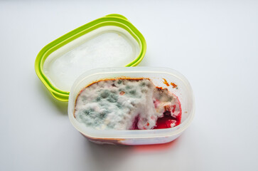 Spoiled food in a plastic box. Mold fungus on food close-up. Fluffy mold spores, background, texture. Moldy food. selective focus