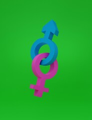 3D illustration, male and female gender symbol, green background, 3d rendering.
