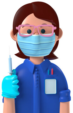 Cartoon character 3d avatar caucasian female nurse with vaccination syringe isolated