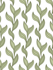 Vector pattern with vertical stripes made of foliage on a white background. Botanical texture with doodle hand drawn leaves.