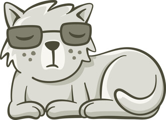Nice cat with sunglasses on his head. Cute illustration of a cat that is lying on the ground. Vector illustration on white background.